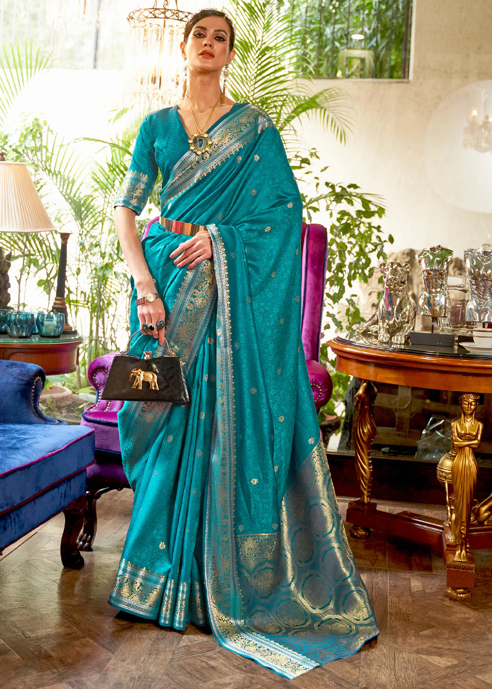 TURKISH BLUE KANJIVARAM SILK SAREE WOVEN WITH SILVER & GOLDEN ZARI