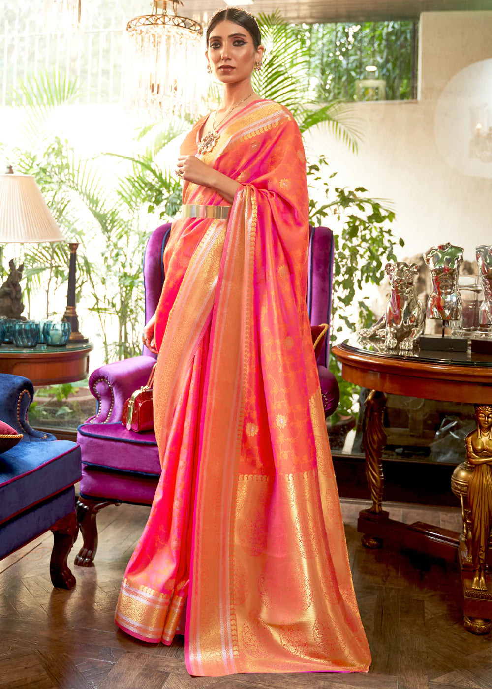 SUNSET PEACH KANJIVARAM SILK SAREE WOVEN WITH SILVER & GOLDEN ZARI