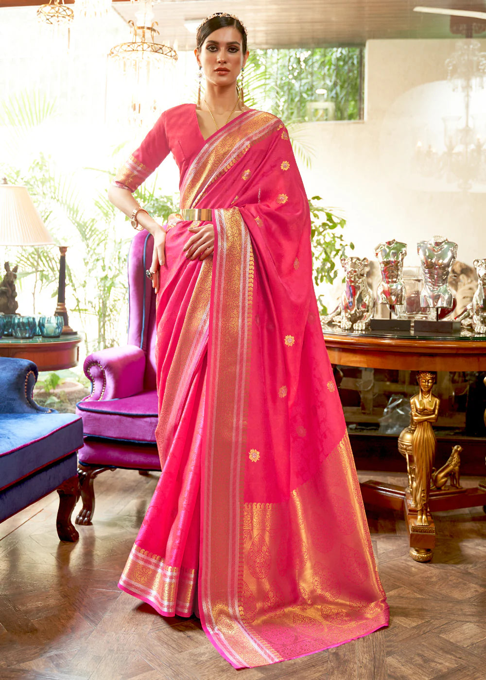 RAVE PINK KANJIVARAM SILK SAREE WOVEN WITH SILVER & GOLDEN ZARI