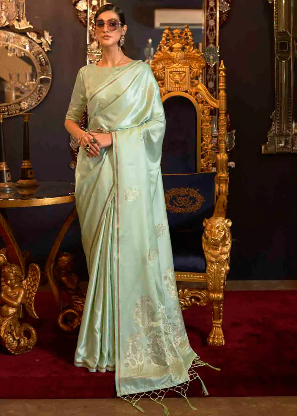 SAGE GREEN DESIGNER Banarasi SATIN SILK SAREE