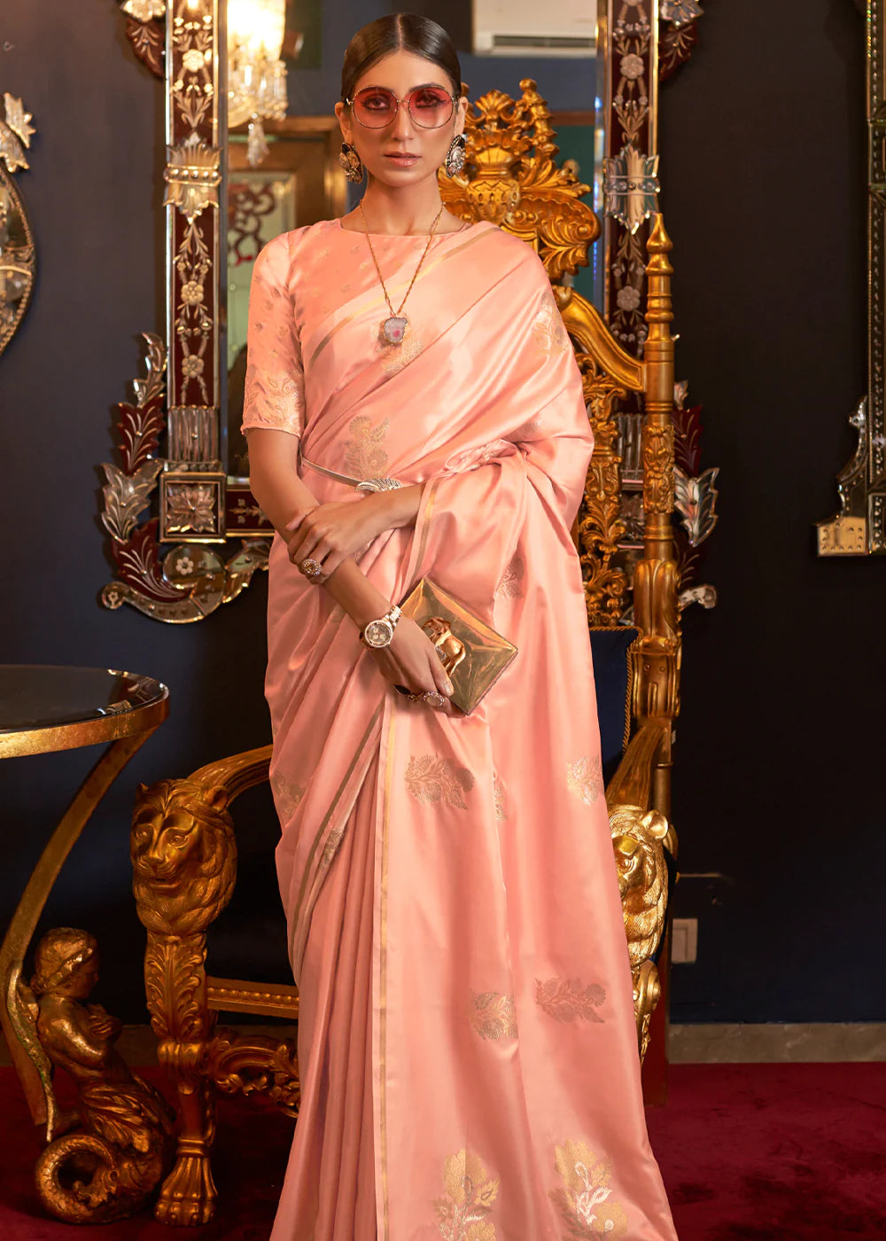 FLOWER PINK DESIGNER Banarasi SATIN SILK SAREE