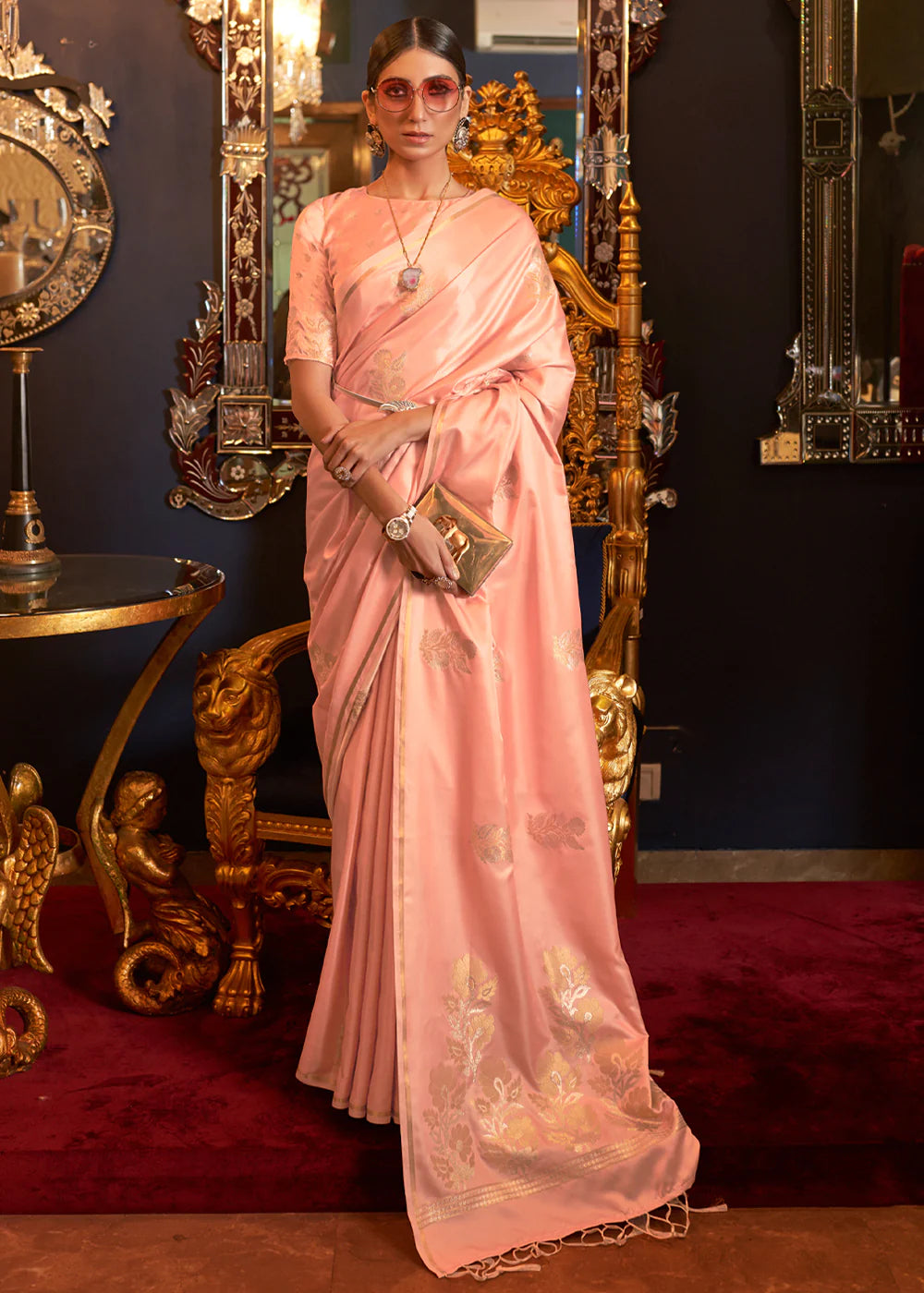 FLOWER PINK DESIGNER Banarasi SATIN SILK SAREE