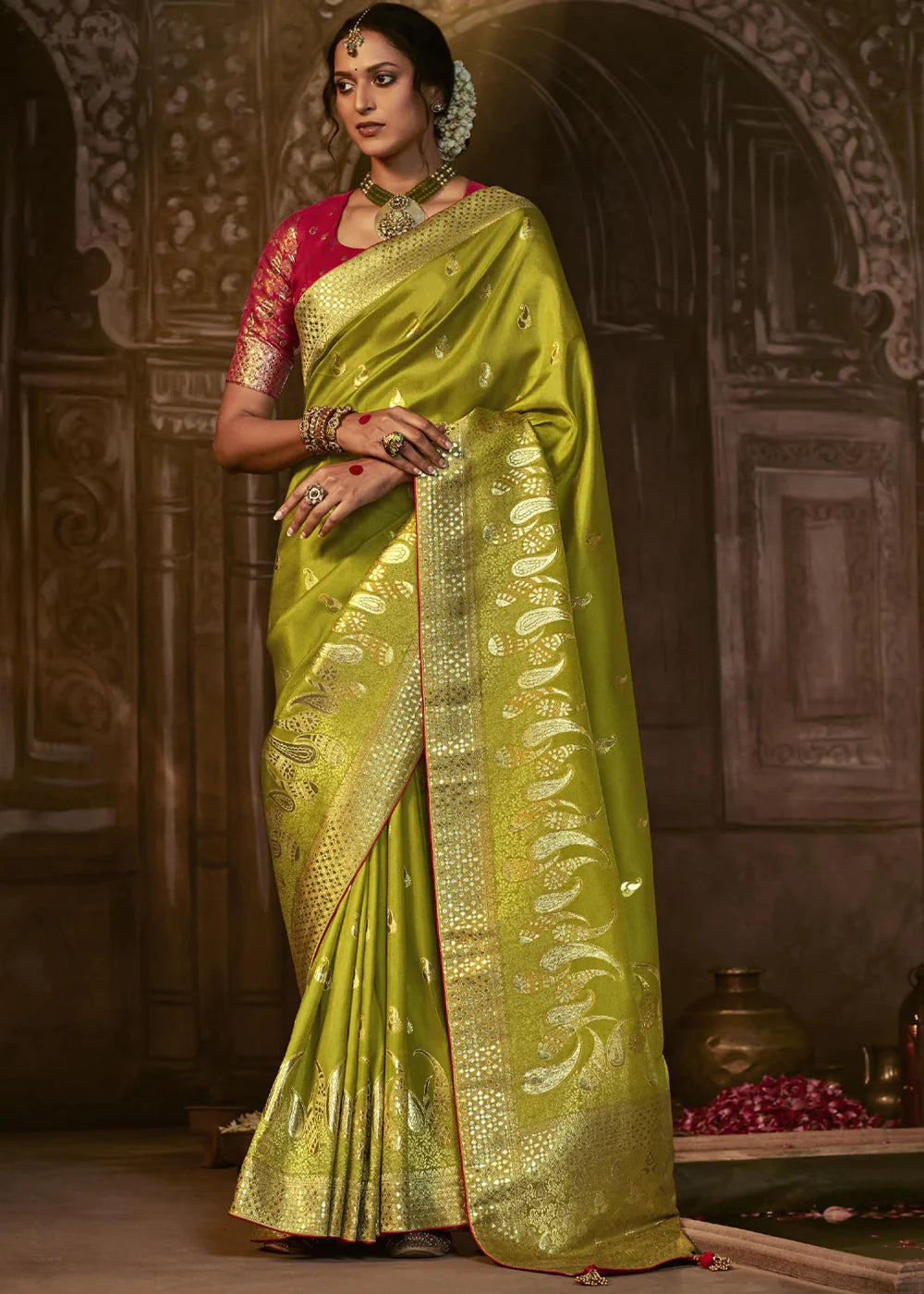 PARAKEET GREEN Pure Soft Dola Silk Banarasi Saree Weaving work With Designer Blouse