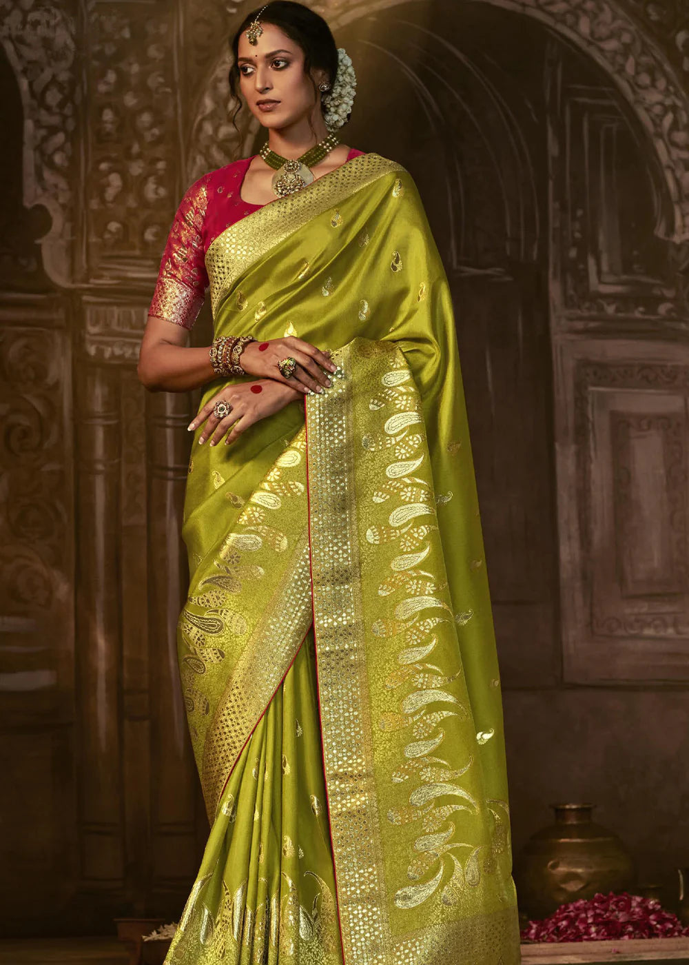 PARAKEET GREEN Pure Soft Dola Silk Banarasi Saree Weaving work With Designer Blouse