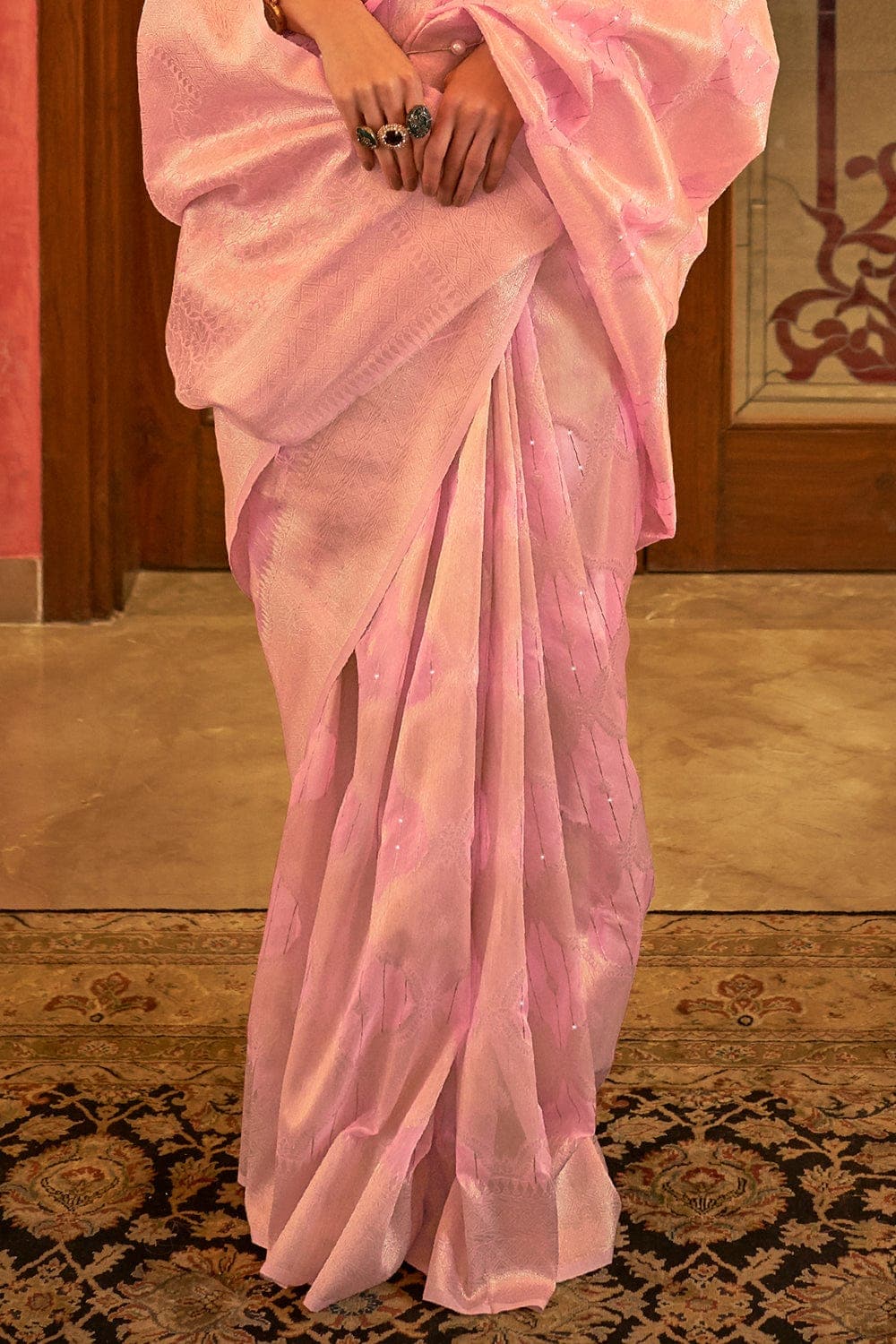 BLUSH PINK WOVEN BANARASI SILK SAREE WITH SEQUINS WORK