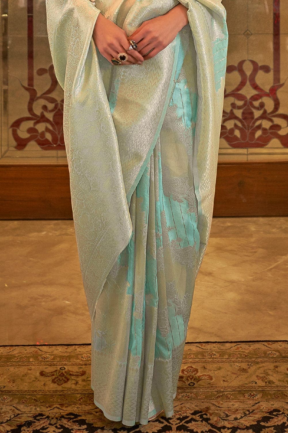 CORAL BLUE WOVEN BANARASI SILK SAREE WITH SEQUINS WORK