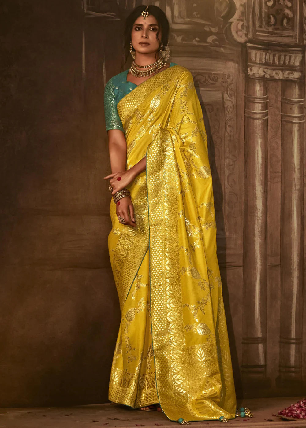 AUREOLIN YELLOW Pure Soft Dola Silk Banarasi Saree Weaving work With Designer Blouse