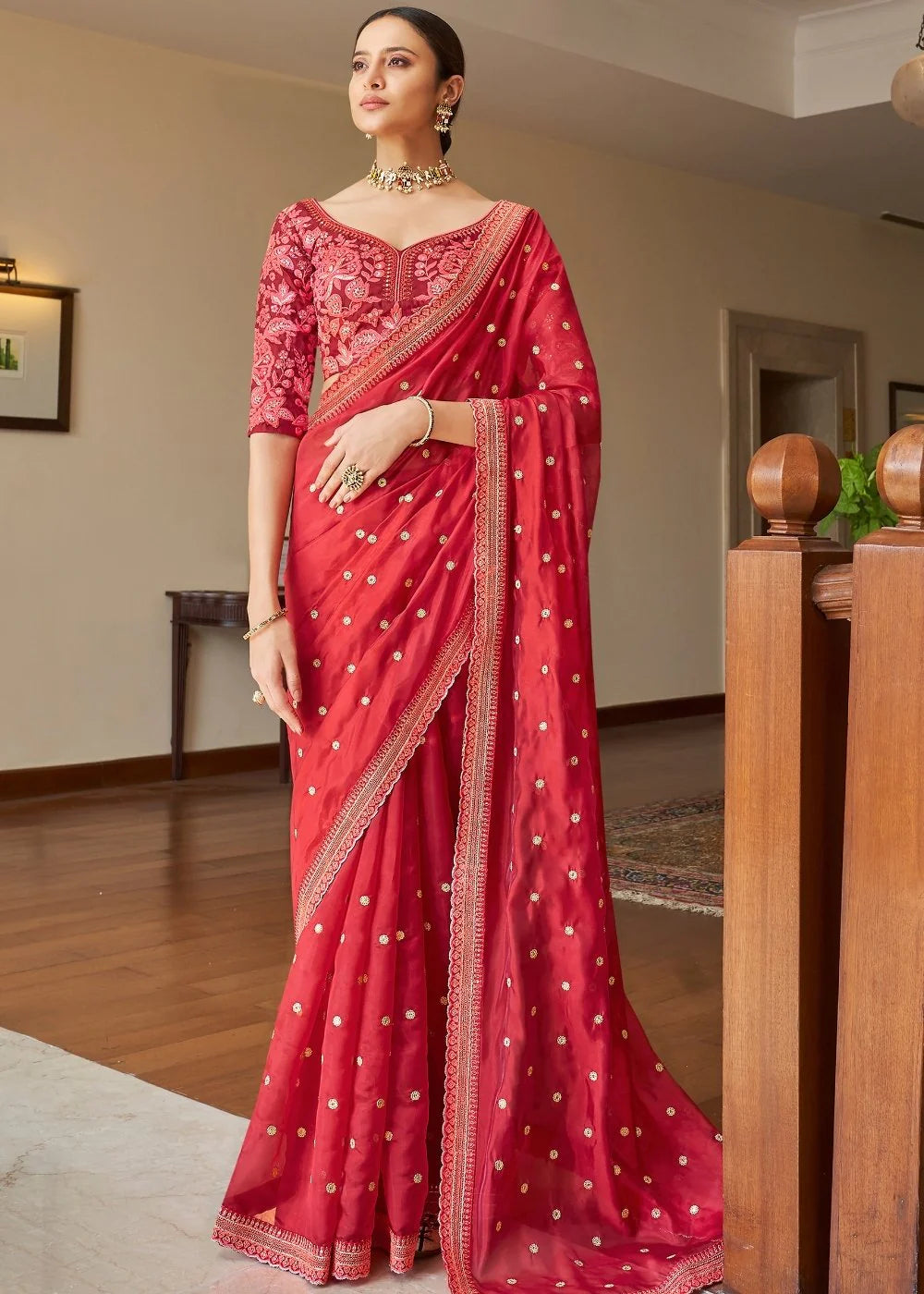 NEON PINK ORGANZA SAREE WITH DORI, SEQUINS, ZARI & RESHAM WORK