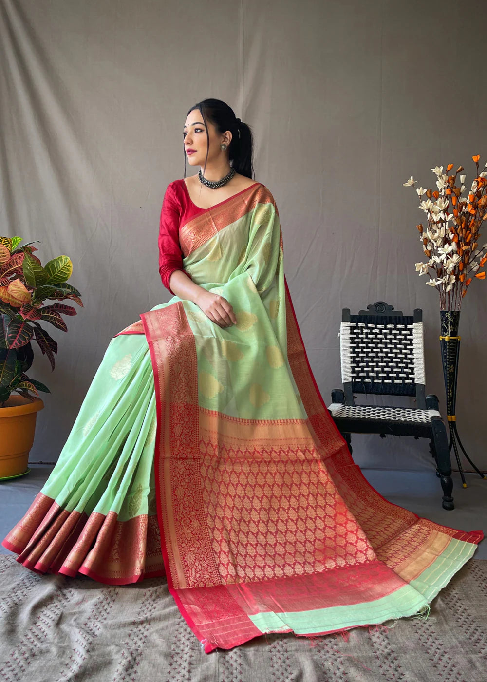 LIME GREEN Linen  Banarasi Silk Saree