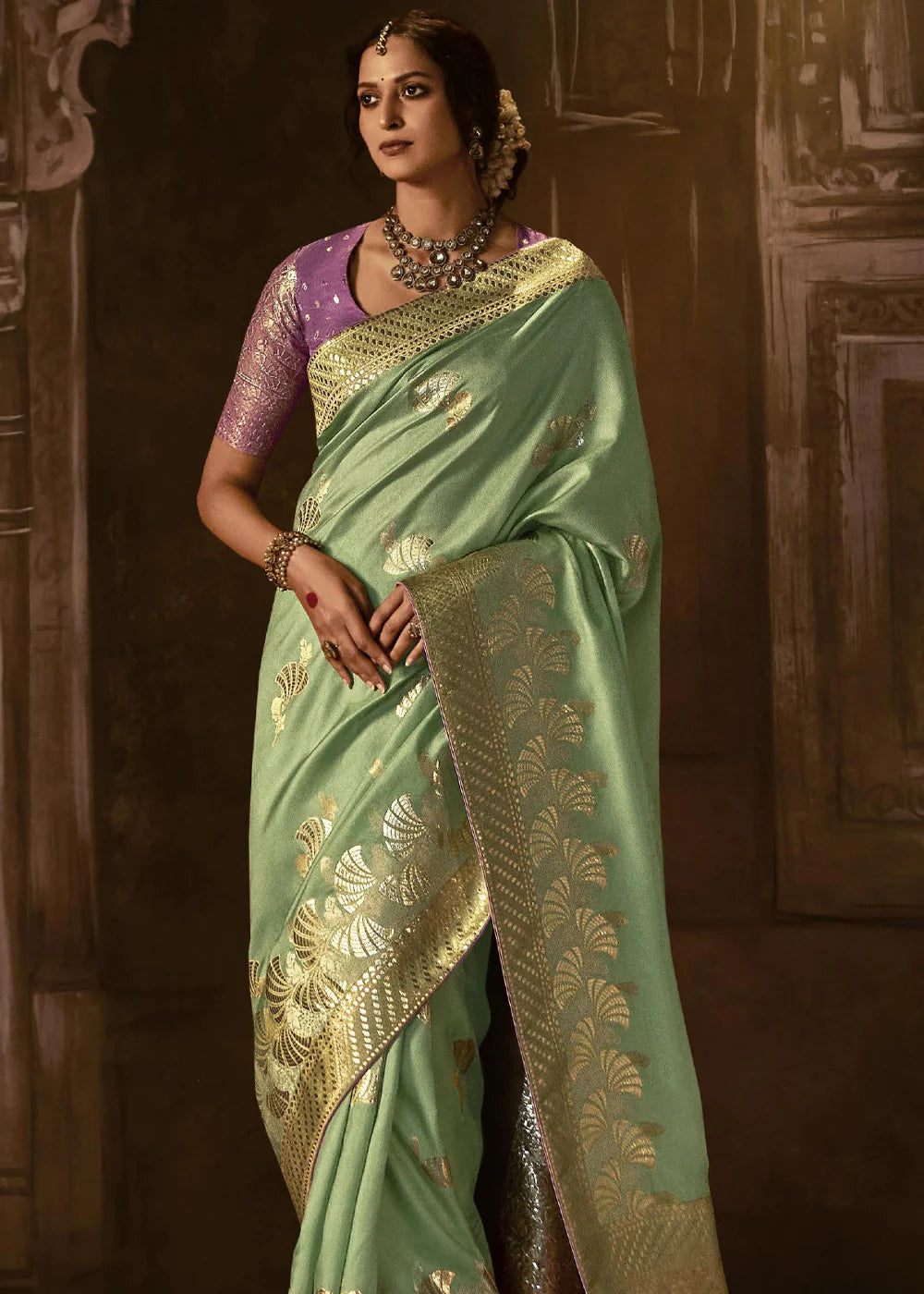 Bronze Green Pure Soft Dola Silk Banarasi Saree Weaving work With Designer Blouse