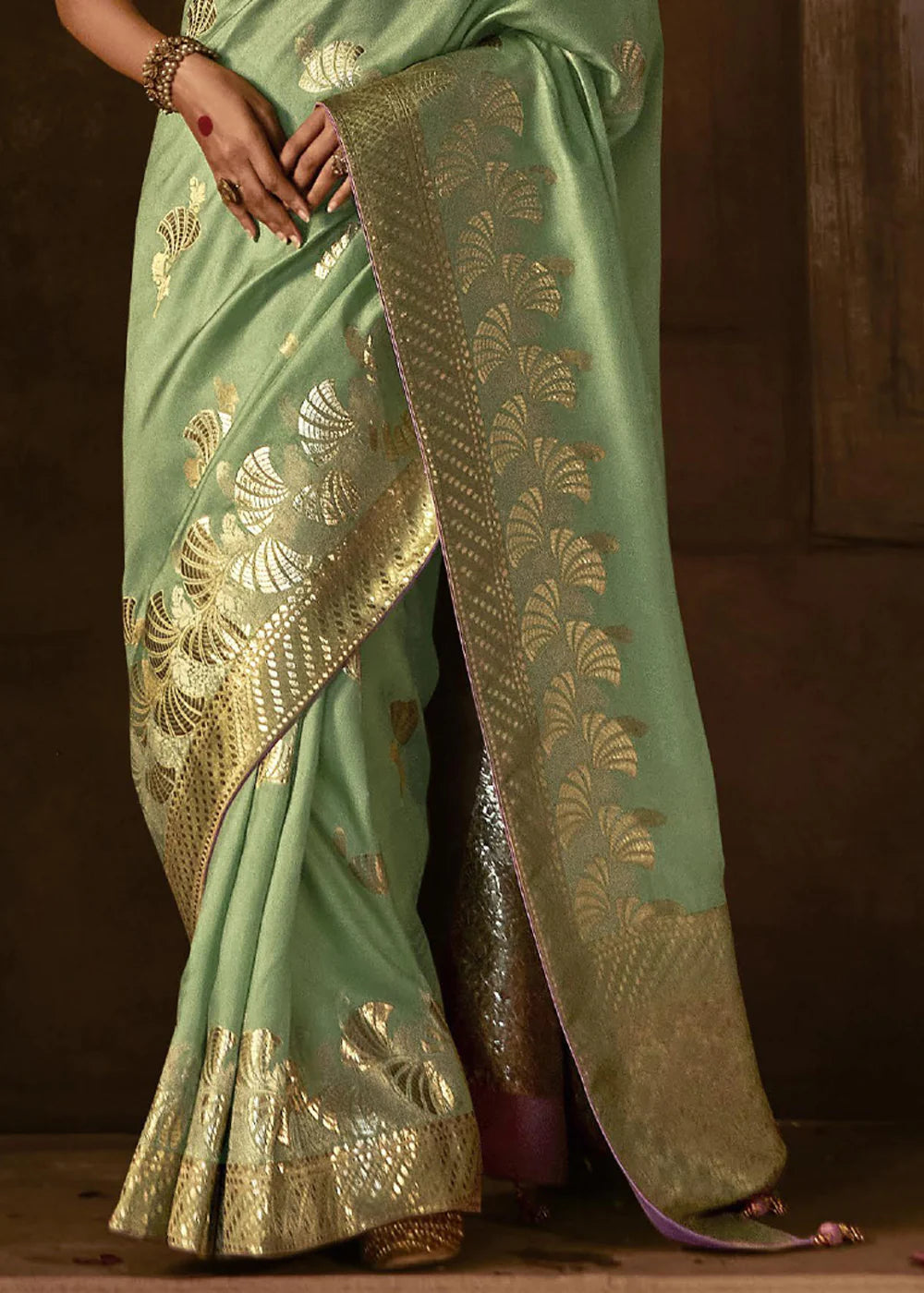 Bronze Green Pure Soft Dola Silk Banarasi Saree Weaving work With Designer Blouse