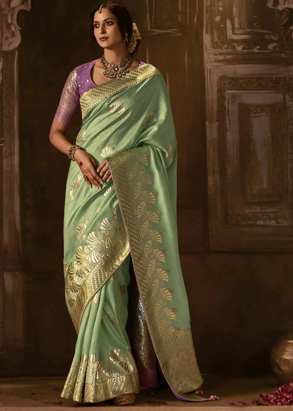 Bronze Green Pure Soft Dola Silk Banarasi Saree Weaving work With Designer Blouse