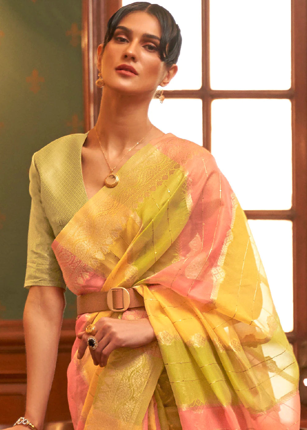 SAP GREEN WOVEN ORGANZA SILK Sequence SAREE