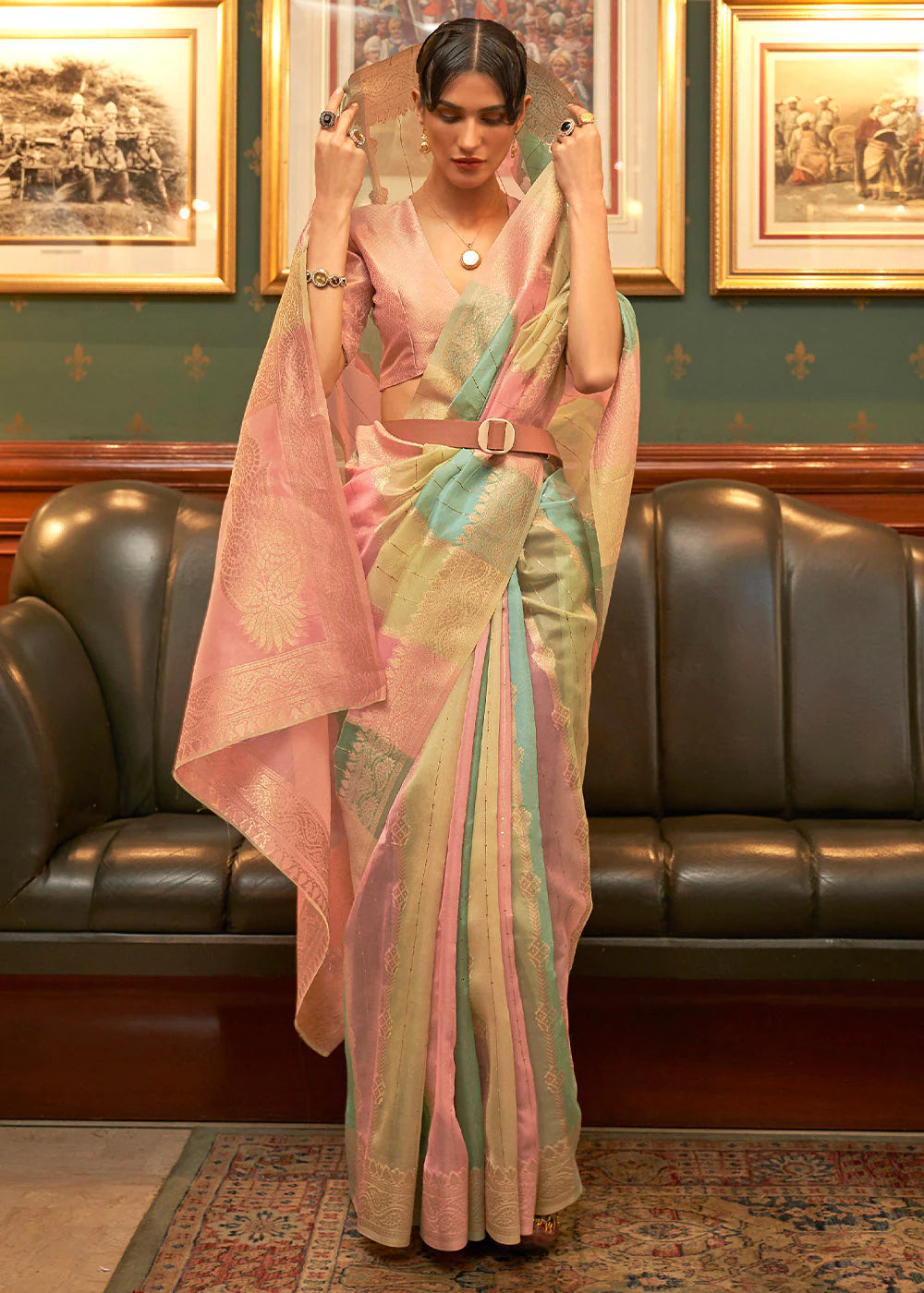 LEMONADE PINK MULTY COLOR WOVEN ORGANZA SILK Sequence SAREE