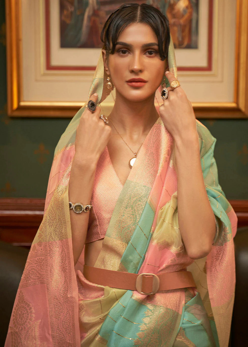 LEMONADE PINK MULTY COLOR WOVEN ORGANZA SILK Sequence SAREE