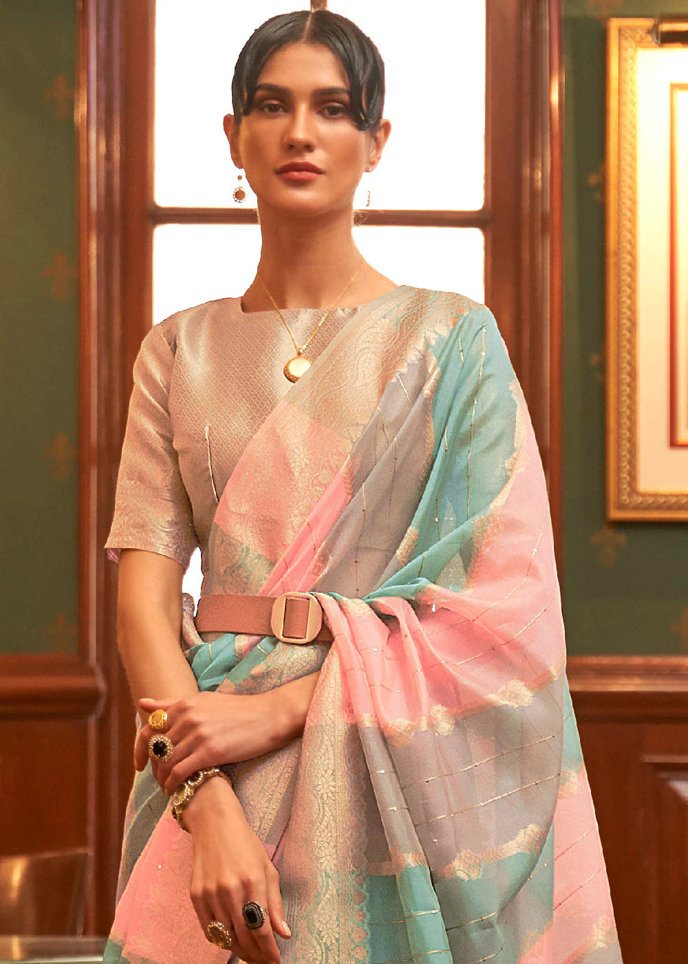 COIN GREY & PINK WOVEN ORGANZA SILK Sequence SAREE