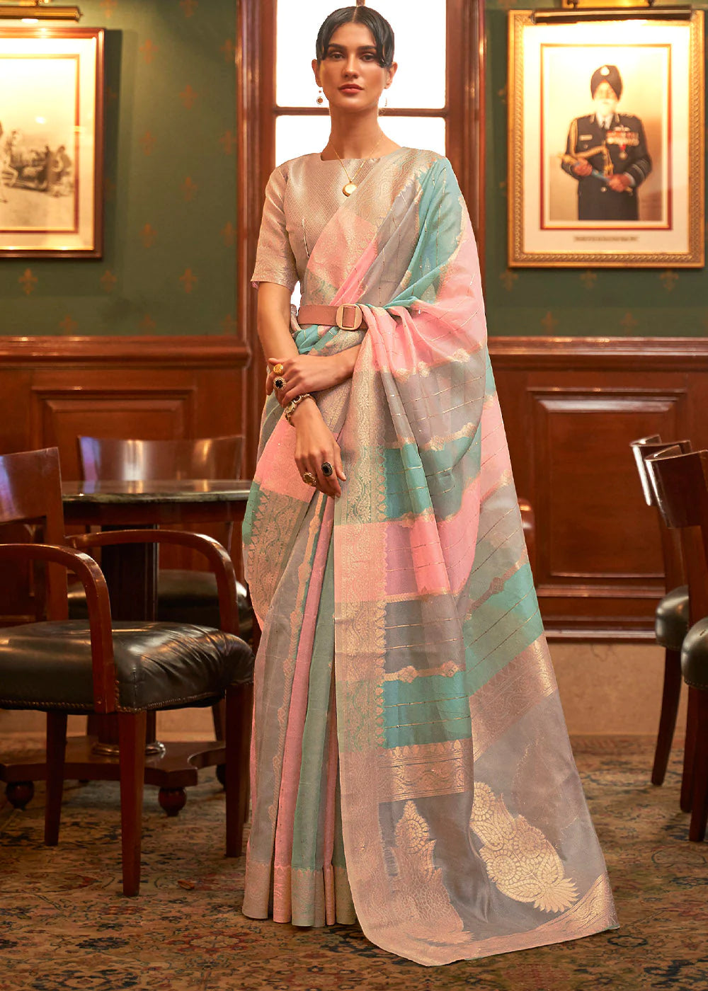 COIN GREY & PINK WOVEN ORGANZA SILK Sequence SAREE