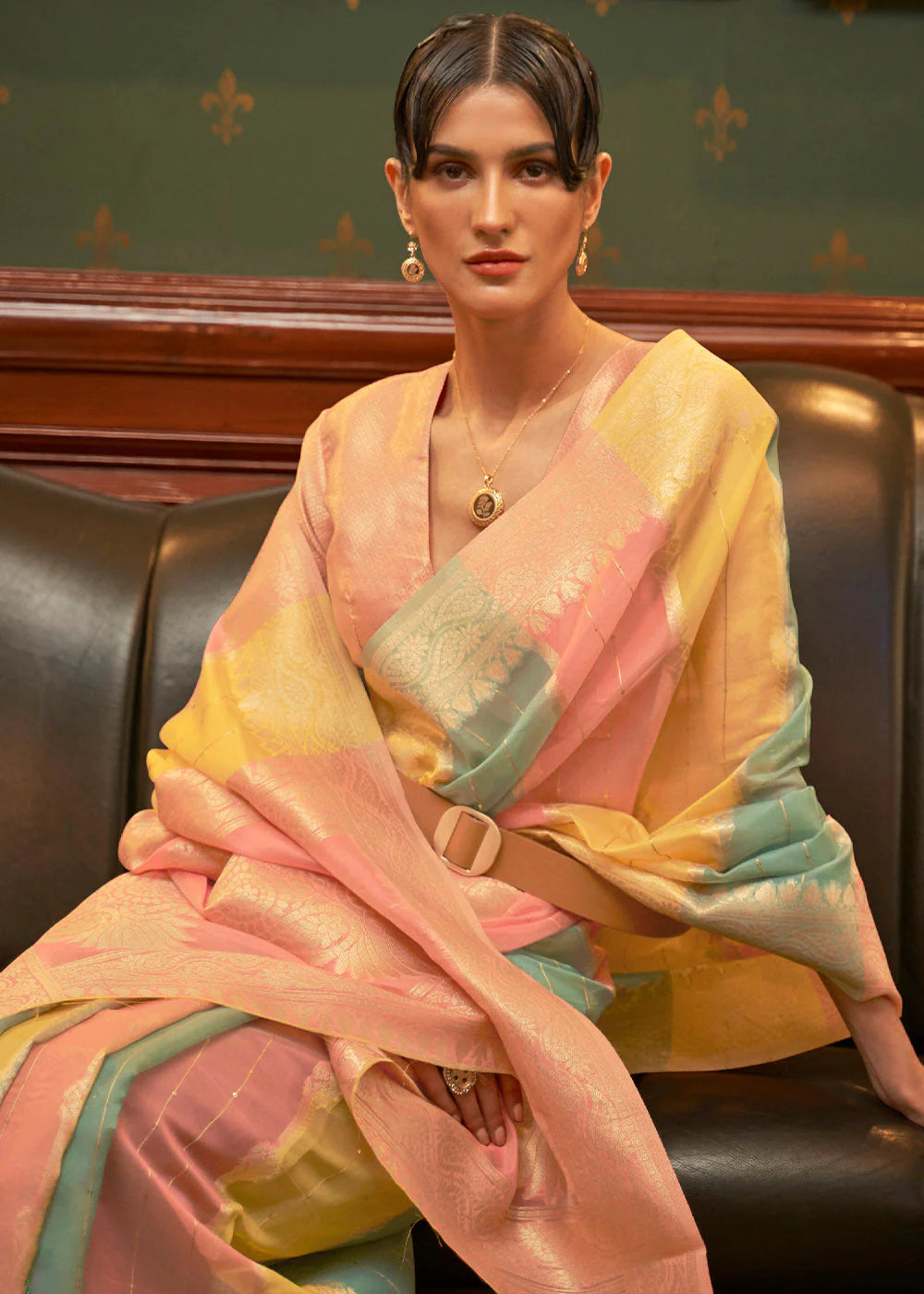 MIAMI YELLOW & PINK MULTI COLOUR WOVEN ORGANZA SILK Sequence SAREE