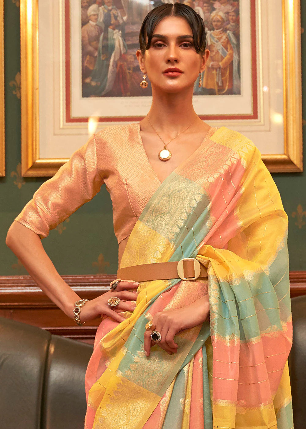 MIAMI YELLOW & PINK MULTI COLOUR WOVEN ORGANZA SILK Sequence SAREE