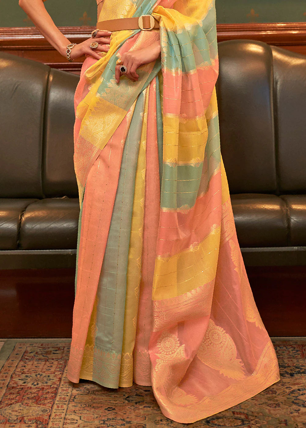 MIAMI YELLOW & PINK MULTI COLOUR WOVEN ORGANZA SILK Sequence SAREE