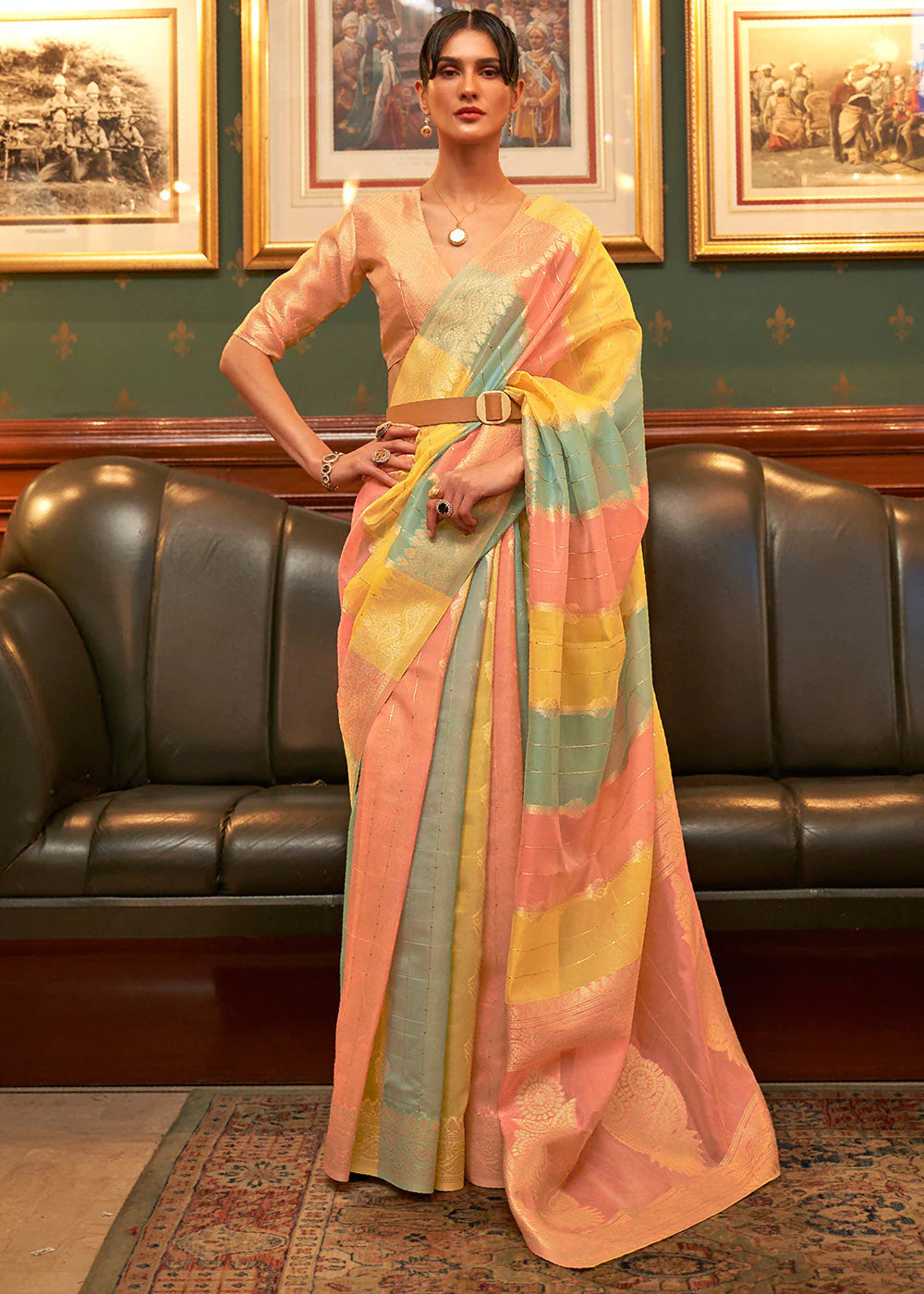 MIAMI YELLOW & PINK MULTI COLOUR WOVEN ORGANZA SILK Sequence SAREE