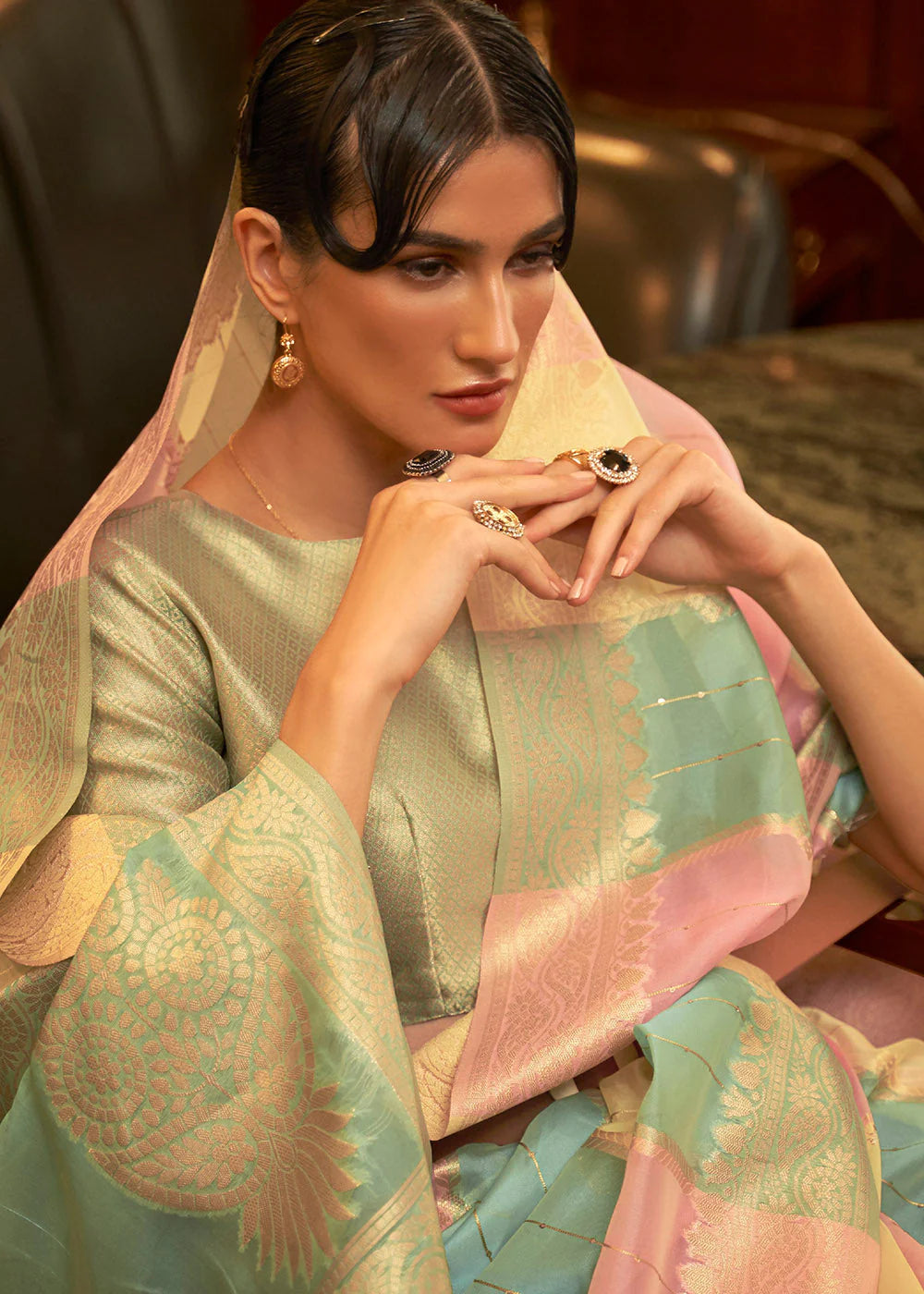 SLIMY GREEN & PINK MULTI COLOUR WOVEN ORGANZA SILK Sequence SAREE