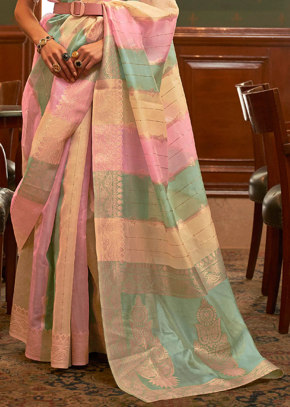 SLIMY GREEN & PINK MULTI COLOUR WOVEN ORGANZA SILK Sequence SAREE