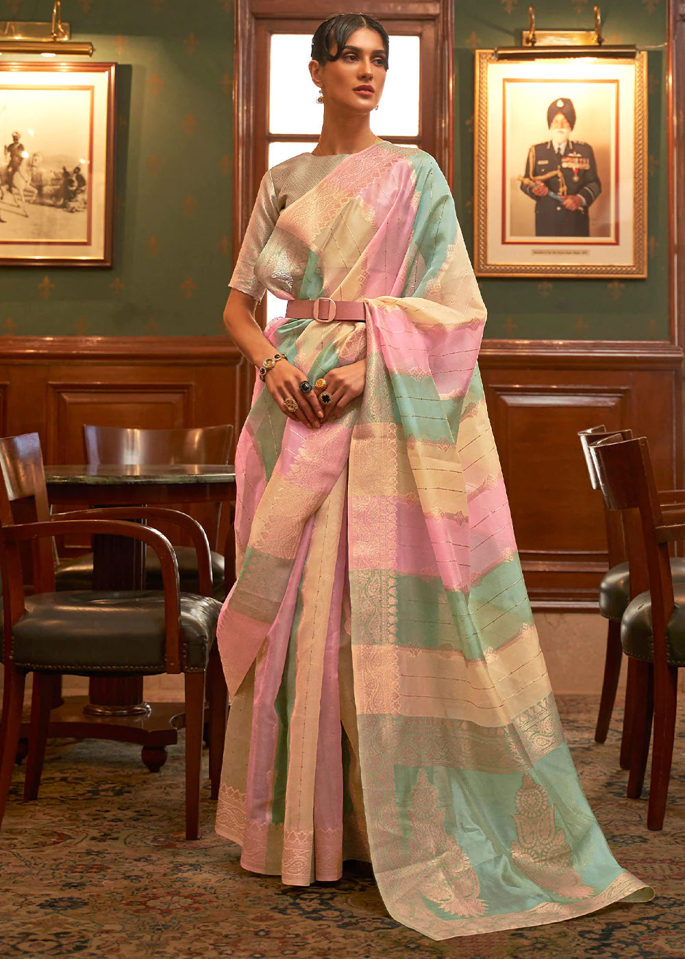 SLIMY GREEN & PINK MULTI COLOUR WOVEN ORGANZA SILK Sequence SAREE