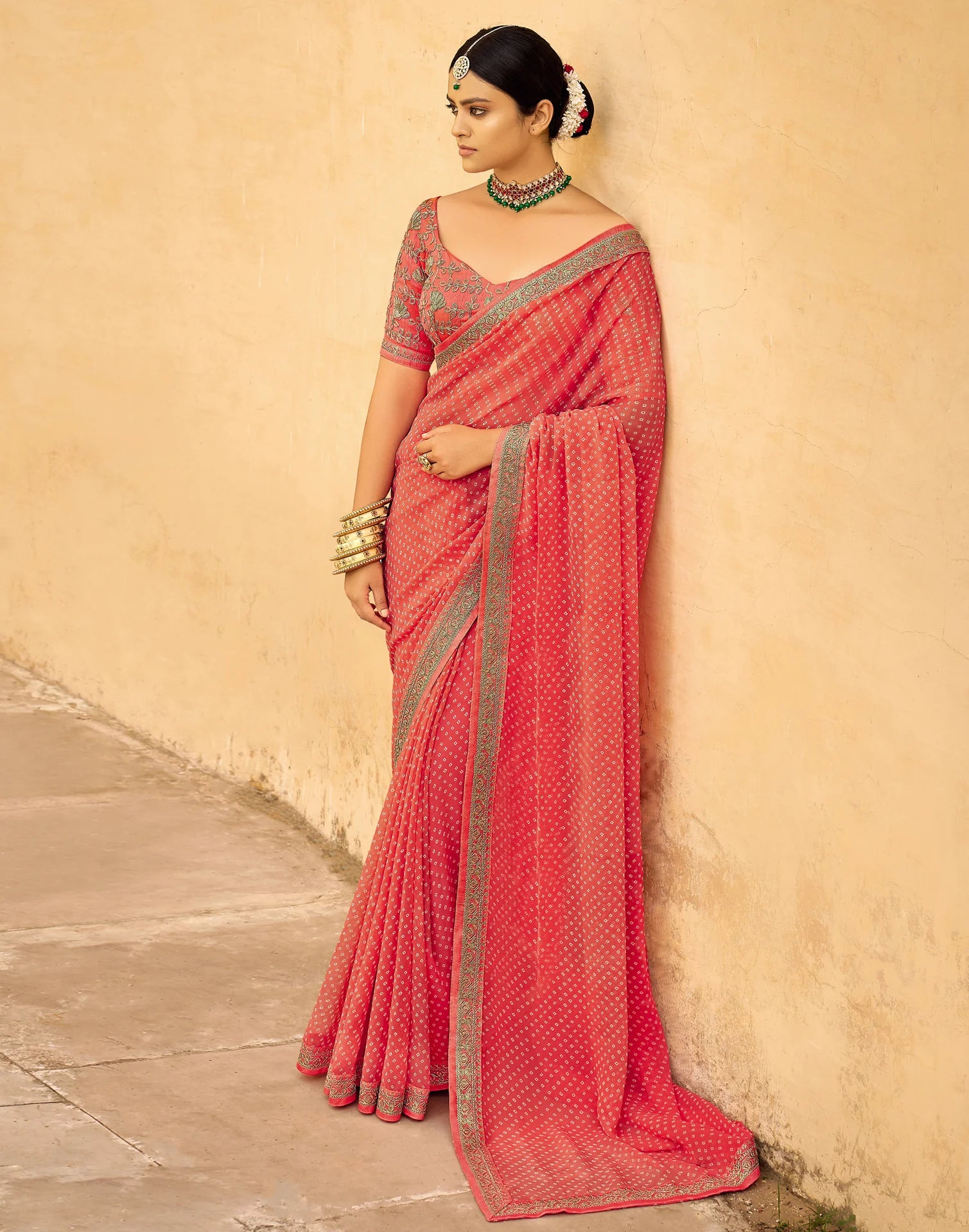 PEACH Bandhani Saree With Embroidery Work Blouse