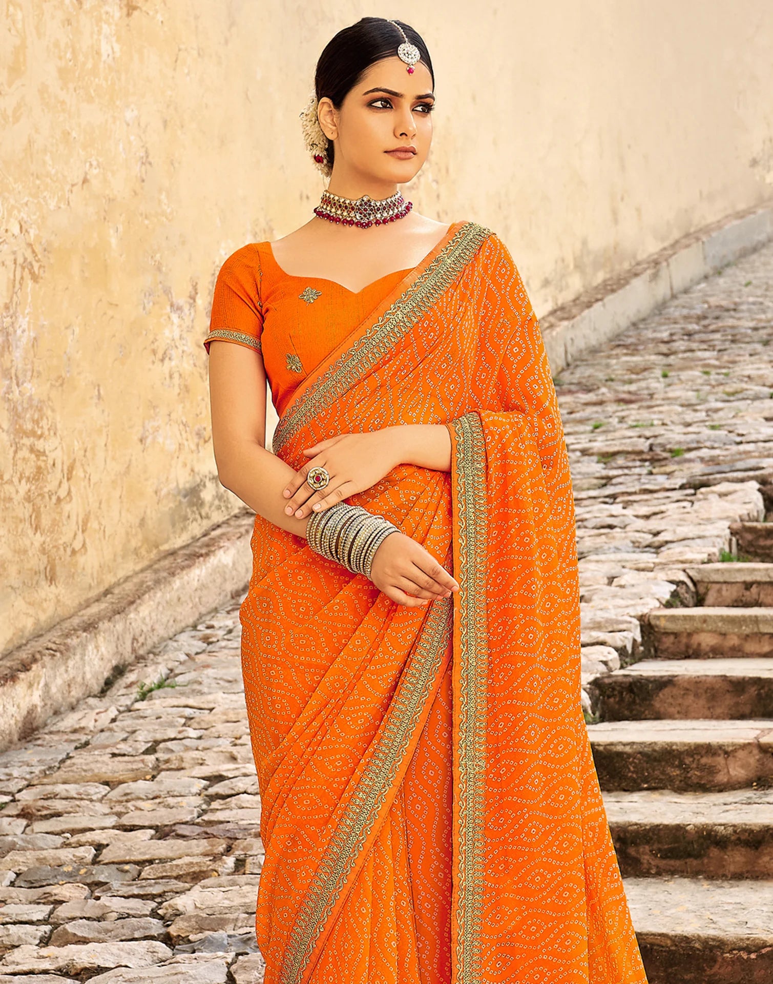 ORANGE Bandhani Saree With Embroidery Work Blouse