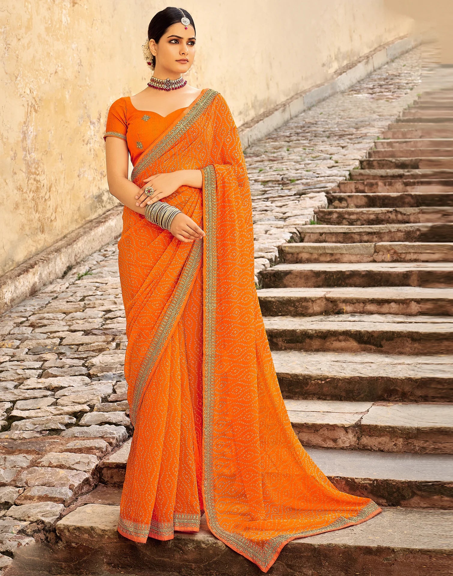 ORANGE Bandhani Saree With Embroidery Work Blouse