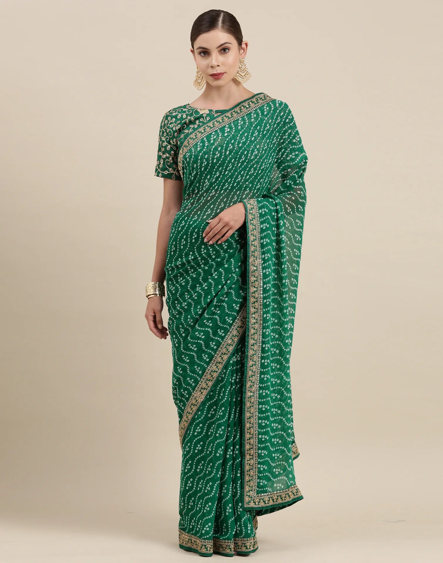 GREEN Bandhani Saree With Embroidery Work Blouse