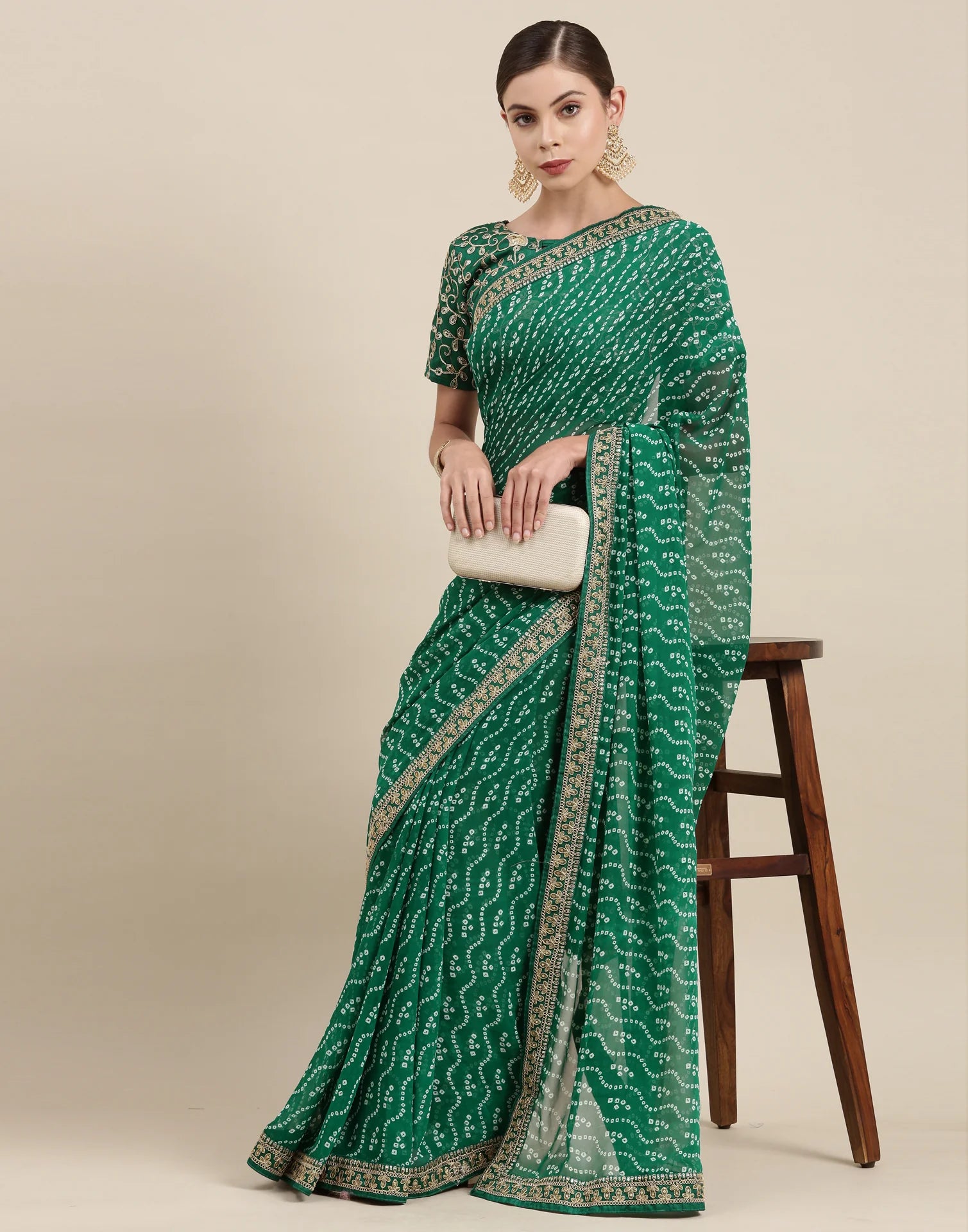 GREEN Bandhani Saree With Embroidery Work Blouse