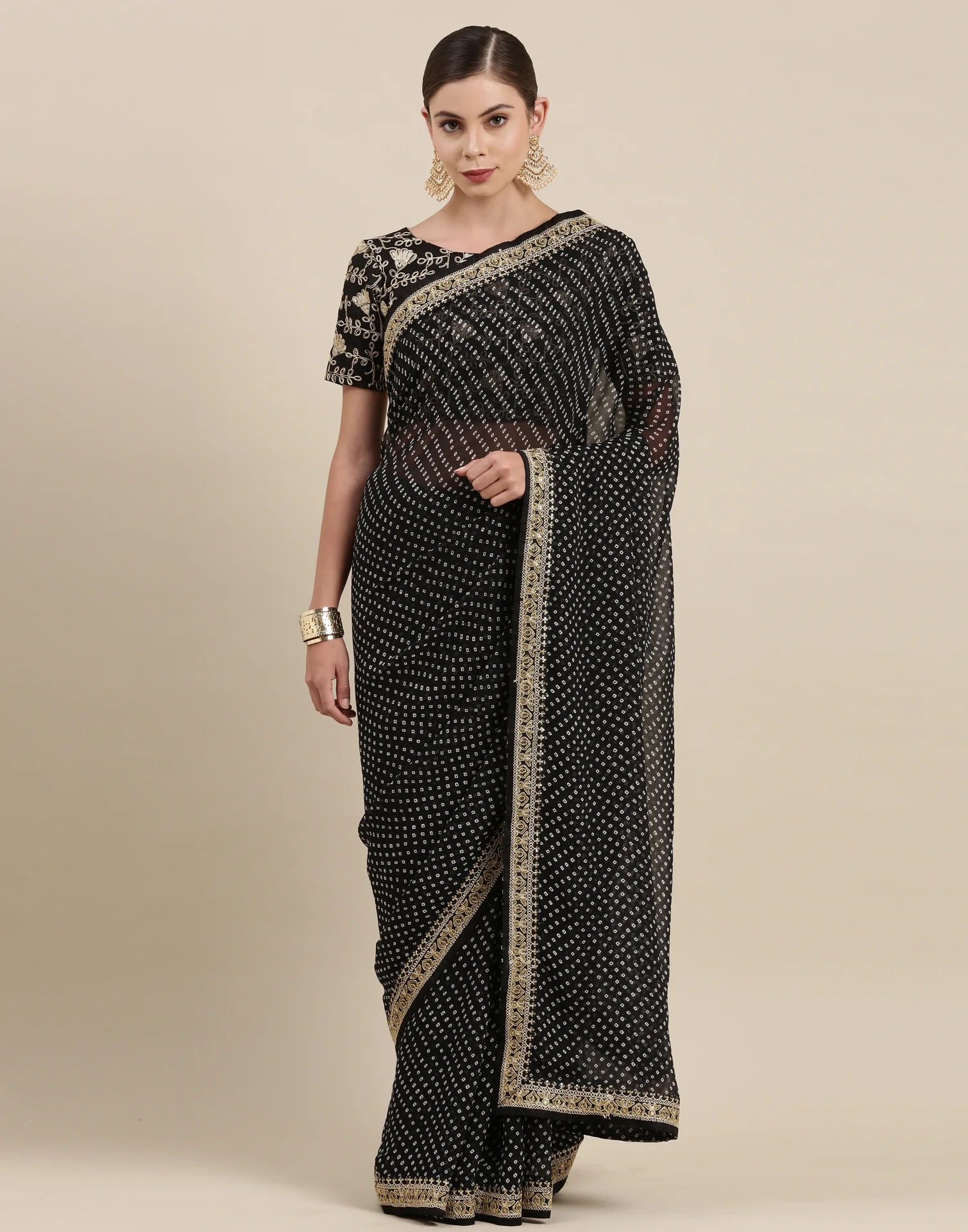 BLACK Bandhani Saree With Embroidery Work Blouse