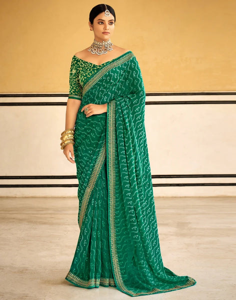 GREEN Bandhani Saree With Embroidery Work Blouse