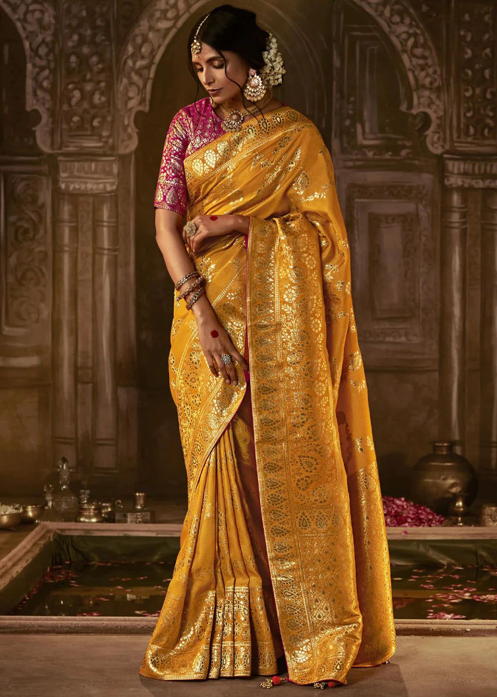 Blazing Orange Pure Soft Dola Silk Banarasi Saree Weaving work With Designer Blouse