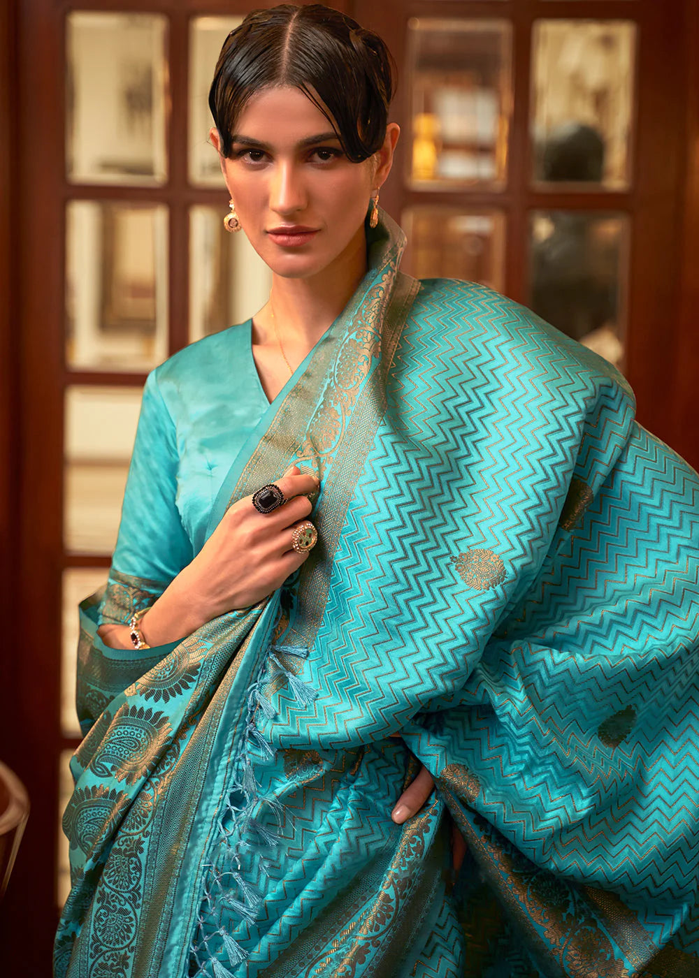 GELLY BLUE DESIGNER WOVEN SATIN SILK SAREE