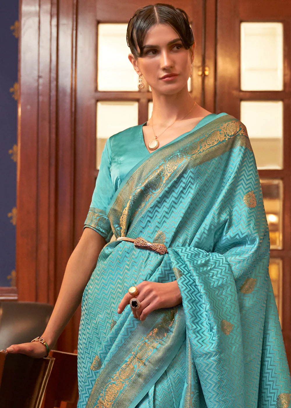 GELLY BLUE DESIGNER WOVEN SATIN SILK SAREE