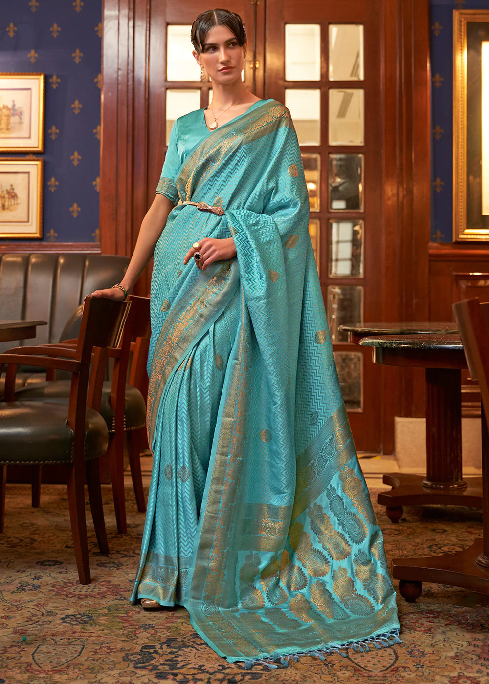 GELLY BLUE DESIGNER WOVEN SATIN SILK SAREE