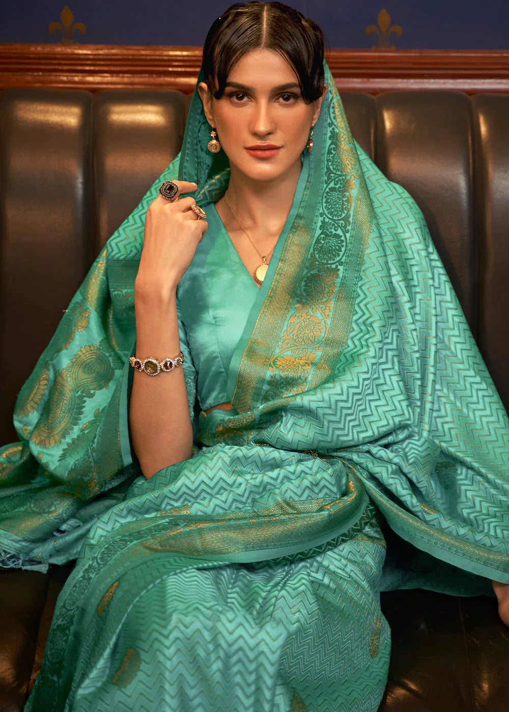 GRASS GREEN DESIGNER WOVEN SATIN SILK SAREE