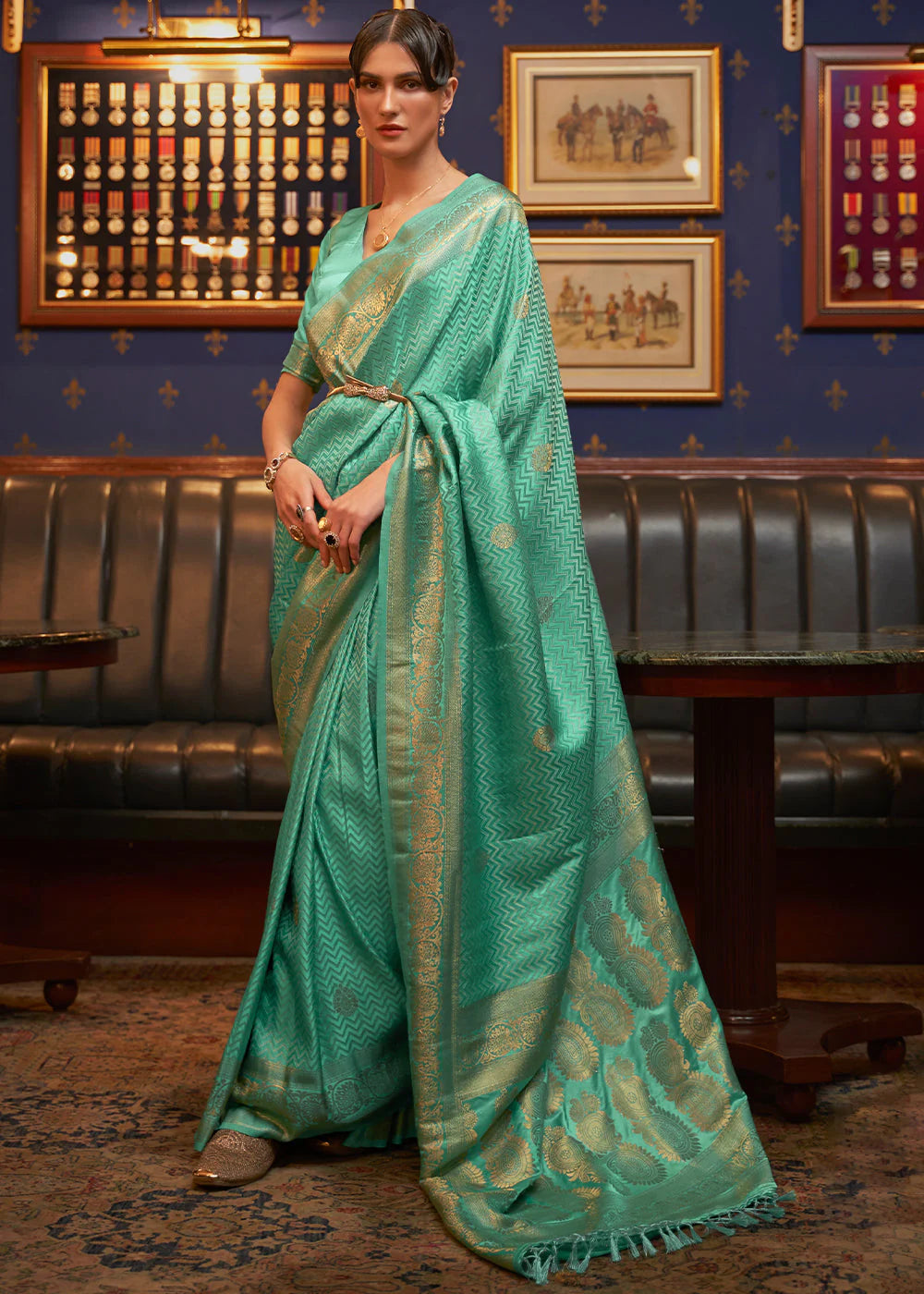 GRASS GREEN DESIGNER WOVEN SATIN SILK SAREE