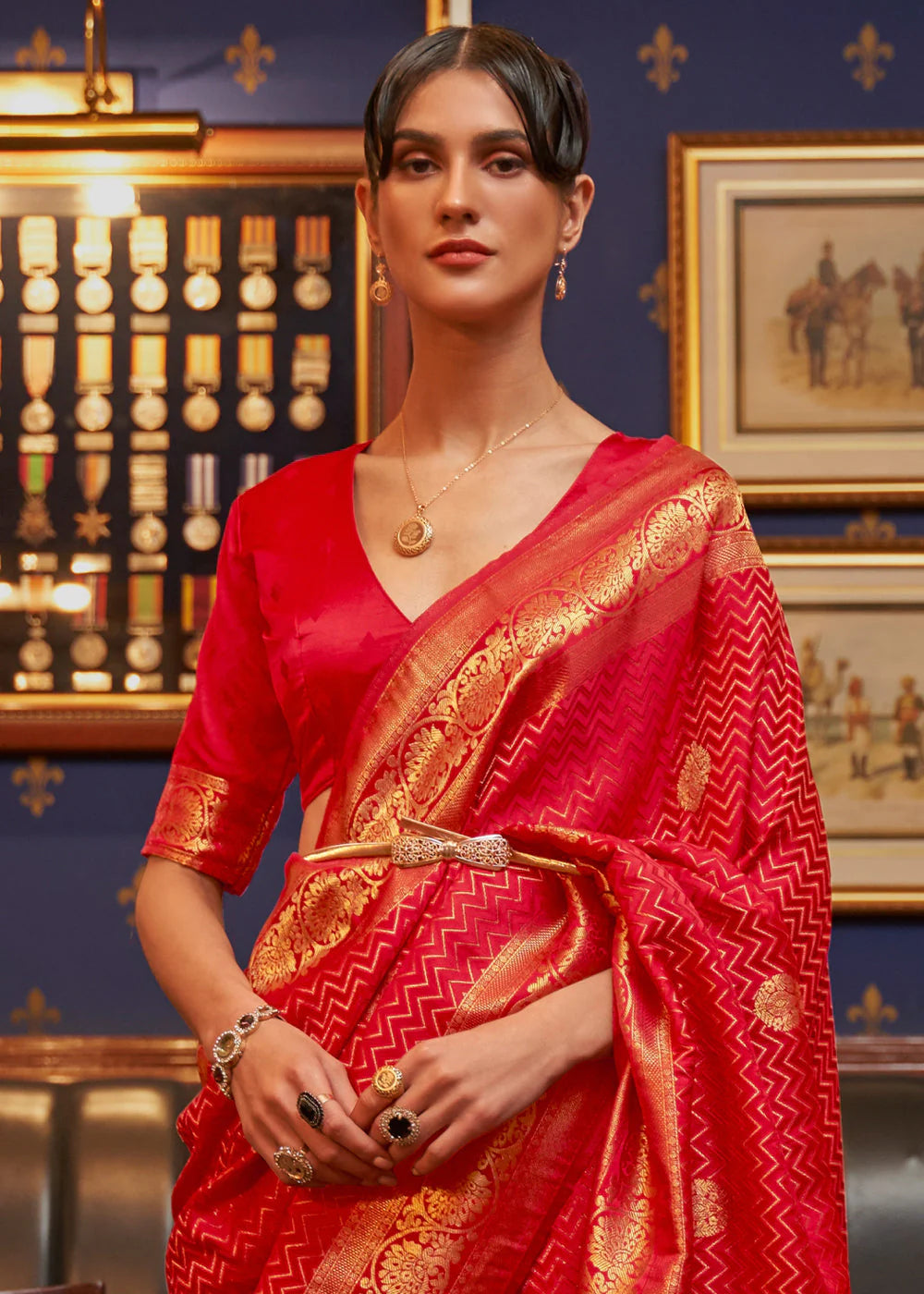 RUBY RED DESIGNER WOVEN SATIN SILK SAREE