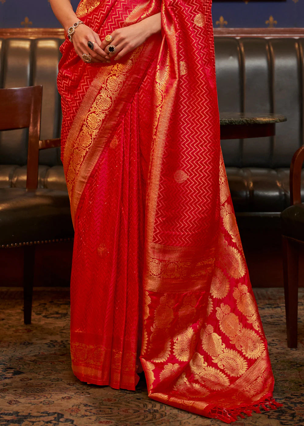 RUBY RED DESIGNER WOVEN SATIN SILK SAREE