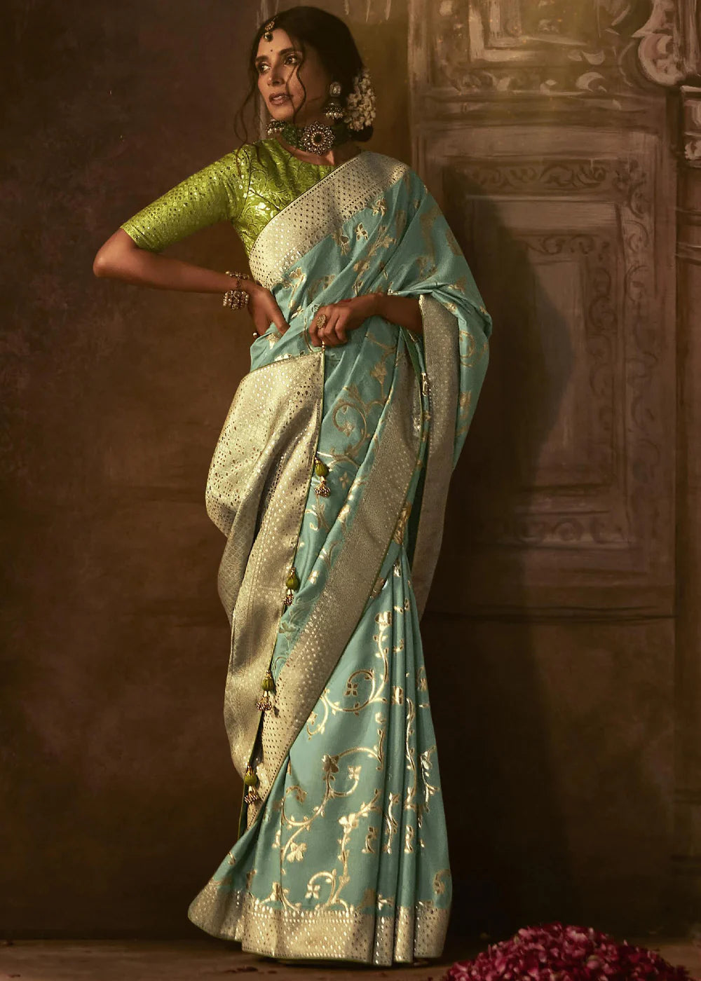 Aruba Blue Pure Soft Dola Silk Banarasi Saree Weaving work With Designer Blouse