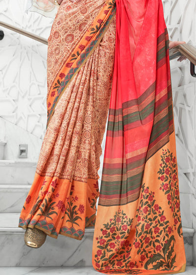 FUCCIYA PINK & BROWN DIGITAL FLORAL PRINTED CREPE SATIN SILK SAREE