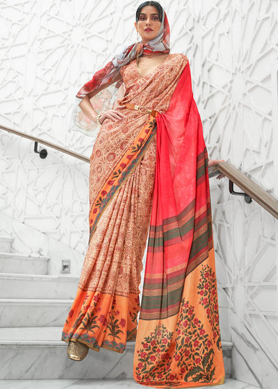 FUCCIYA PINK & BROWN DIGITAL FLORAL PRINTED CREPE SATIN SILK SAREE