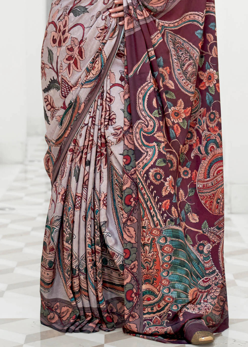 FOSSIL GREY DIGITAL FLORAL PRINTED CREPE SATIN SILK SAREE