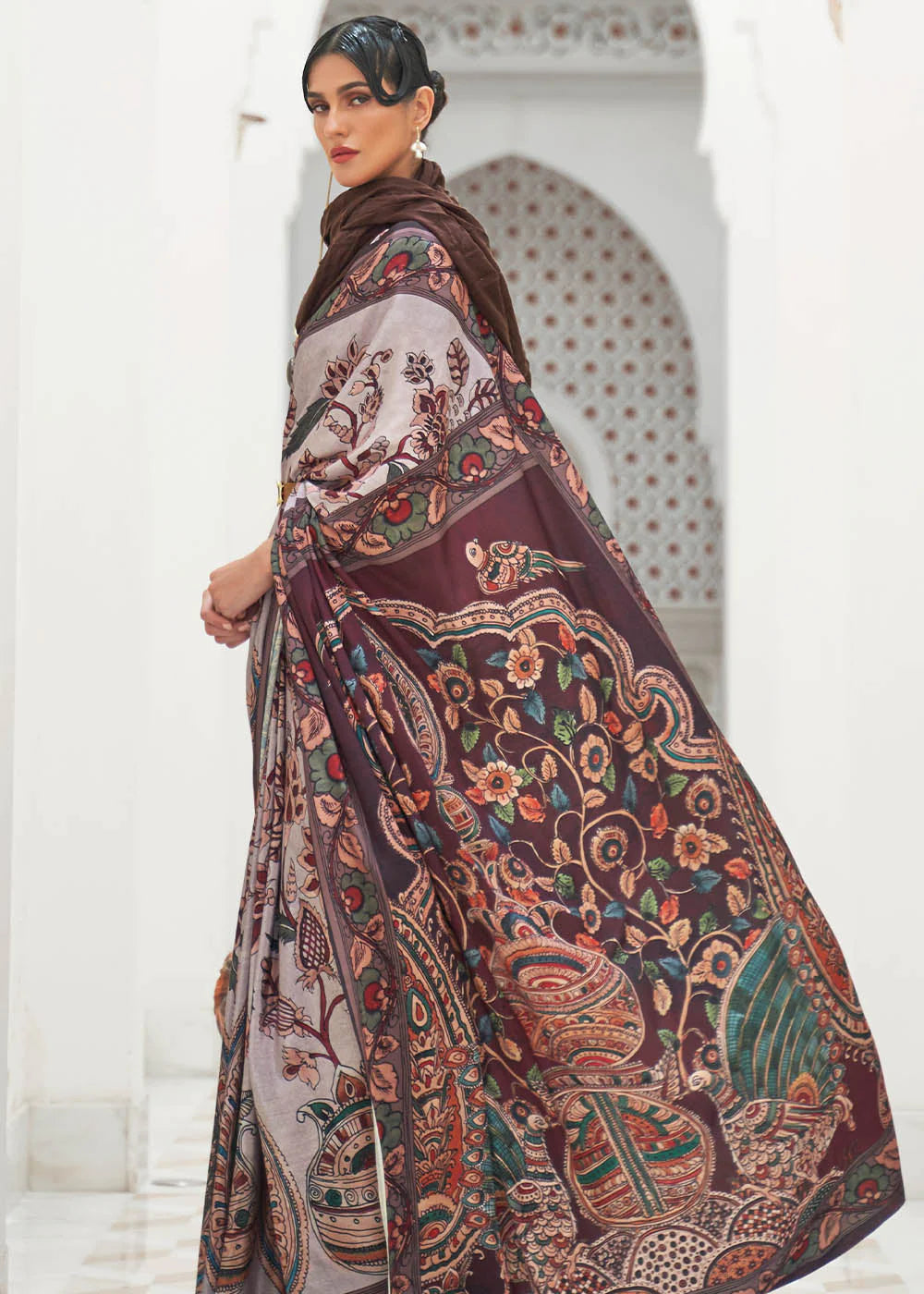 FOSSIL GREY DIGITAL FLORAL PRINTED CREPE SATIN SILK SAREE