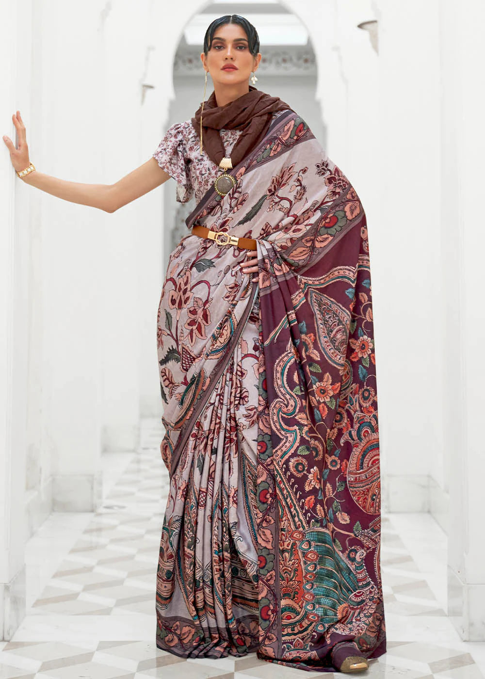 FOSSIL GREY DIGITAL FLORAL PRINTED CREPE SATIN SILK SAREE