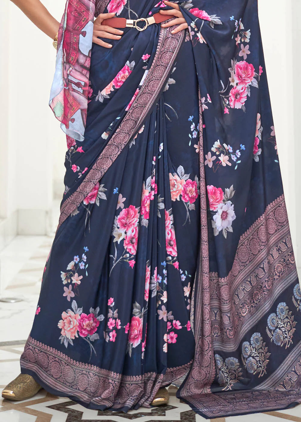 MIDNIGHT BLUE DIGITAL FLORAL PRINTED CREPE SATIN SILK SAREE